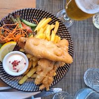 Battered banana blossom and chips at Zane Grey's in Paihia