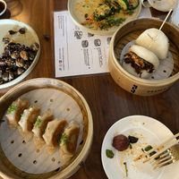 Miso potstickers, fried mushrooms, Brussels sprouts, salad at Minty Z in Coconut Grove