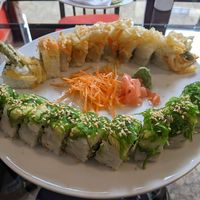 2 types of sushi topped with tempura, seaweed, and avocado at Origami in Cuenca