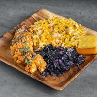 Shrimp Soul Plate with Smokey Sautéed Purple Cabbage,  Cajun Lobster Mac, and  Corncake at Crystals Soul Cafe in Los Angeles