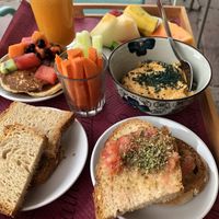 vegan brunch w freshly pressed orange juice at Bliss Café in Tenerife