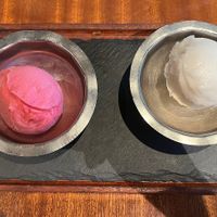 Hibiscus lime (pink) and lemongrass ginger (white) sorbet  at Sway Thai in West Lake Hills