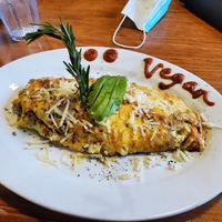 Vegan omlette with vegan beef, vegan cheese, onions, salsa and Avocado.  at Chops & Eggs in Corpus Christi