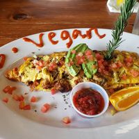 Outstanding vegan beef omelette with mushrooms, cheese, salsa, peppers and avocado at Chops & Eggs in Corpus Christi