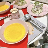 Soup and zucchini pasta to share  at Zdravo Ljubavi in Belgrade