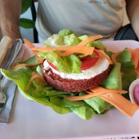Delicious sun-dried tomato flavored burger patty at Zdravo Ljubavi in Belgrade