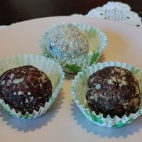 Plum, chocolate, and coconut raw balls at Zdravo Ljubavi in Belgrade
