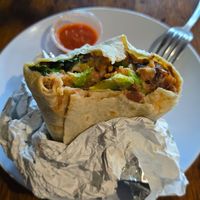 Vegan burrito with sauce at Mama's Egg House in Idyllwild