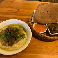 Hummus with spicy whole chickpeas and mushrooms at Ha'Agas 1 in Jerusalem