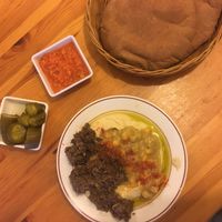 Soy meat hummus  at Ha'Agas 1 in Jerusalem