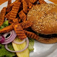 Garden burger with sweet potatoe fries at Pine Country Restaurant in Williams
