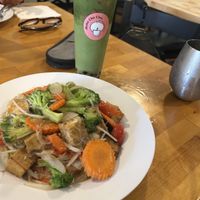 Tofu Pad Woon Sen (no egg/fish sauce) w/ Strawberry Matcha Uji Latte (sub almond milk)  at Thai Table in Maplewood