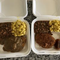 Southern Fried Chik’n, Coconut Crusted Chik’n, baked beans, Mac & cheese at Binge Kitchen in Austin