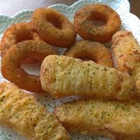 Fried vegan calamari and corn custard (pudding) at Bibo 這一煎 - Zhè Yī Jiān in Taitung
