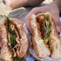 Pastrami sandwich on the left, chicken on the right  at Savta in Barcelona