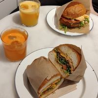 The sandwich in the front is a vegan sandwich with meat substitutes. The one in the back is veggie (with egg). at Savta in Barcelona