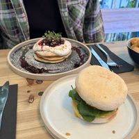 Fruit compote pancakes and breakfast bap  at Green Routes Cafe in Oxford