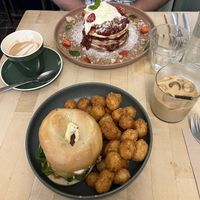 Pancakes and breakfast bagel   at Green Routes Cafe in Oxford
