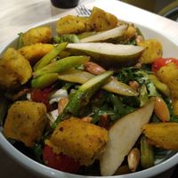 Warm salad with fried polenta cubes, rated almonds, asparagus, pears at VHY! in Stuttgart