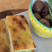Olives and focaccia at FARO Beachside Eatery in Flagler Beach