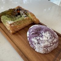 Matcha raspberry danish and the ube cookie, so soft and chewy, it’s perfection!  at Level V Bakery in Vancouver