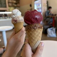 Berry sorbet and chocolate coconut in gf cone   at Duck Island Ice Cream in Wellington