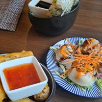 Steamed veggie dumplings (excellent), Summer rolls (good), "pork" in sesame dough (can't recommend). at Sen Vegan Cuisine - Moorenstraße in Dusseldorf