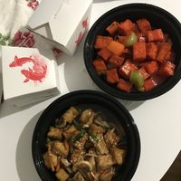 Teriyaki & sweet n sour tofu 😛 (only steamed rice is vegan)  at Wok 'N Express in Austin