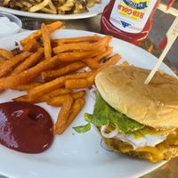 Incogmeato Vegan Burger with Vegan Cheese/Mayo and sweet potato fries  at Hot Rods 50's Diner in Alcoa