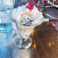 Oat milk ice cream sundae with vegan whipped topping   at Hot Rods 50's Diner in Alcoa