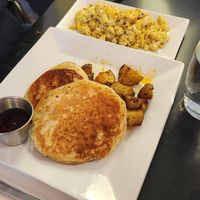 Lemon poppyseed pancakes, homefries, and tofu scramble at LesbiVeggies in Camden