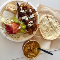 vegan kebab plate and soup  at Boustan in Montreal