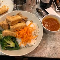 Vegan Rice dish with Tofu and vegetables with a side sauce at Eat Fuh in Chatswood