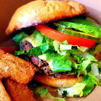 Smoky black bean burger with yuca fries at Roasted and Raw in Oakland