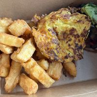 Vegan chorizo, vegan fried egg, and yucca fries  at Roasted and Raw in Oakland