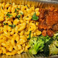 Mac and cheese with sweet potato and broccoli at Roasted and Raw in Oakland