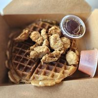 Chick'n and waffle at Roasted and Raw in Oakland