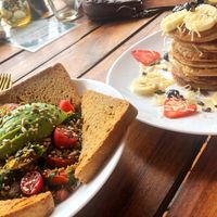 Tofu scramble, pancakes  at Tierra Verde in Mahahual