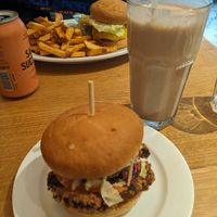 Chicken burger with milk and cookies shake at Burger Tree in Toronto