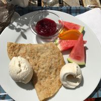 pancakes with ice cream, jelly and fruit at Kafe Stadsparken Huskvarna in Jonkoping