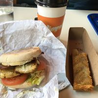 Vegan breakfast sandwich with marinated tofu and seitan.  at Nimrods' in Stratford