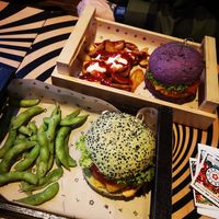 Jungle burger, edamame + tangy chickpea and potato wedges at Flower Burger in London