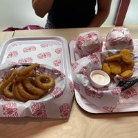 Two burgers, nuggets and onion rings  at Dirty V - Bergen in Bergen