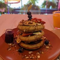 Vegan pancakes. Can be ordered separately or as part of the "breakfast for 2" ($55k) at Pura Vida in Bogota
