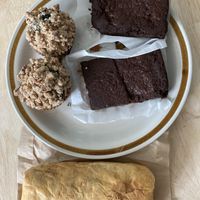 Gluten-free blueberry pecan muffins, gluten-free brownies and breakfast burrito  at The Flora Bakehouse in Seattle