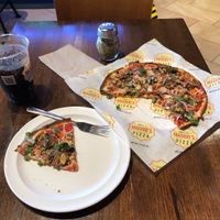 Gluten free crust, mushrooms, seasoned tofu, daiya cheese, tomato basil sauce, yum!  at Uncle Maddio's Pizza in Minot