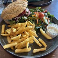 Beetroot and feta burger with fries  at Steck in Tilburg