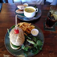 Pumpkin-sweet potato soup, veggie sandwich, and pumpkin burger at Steck in Tilburg