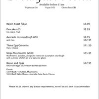 Raisin toast - Vegan option
Avocado on sourdough - Vegan
Mega Mushrooms - Vegan option
Three Egg Omelet - VEG at Alfina's Cake & Coffee in Eatons Hill