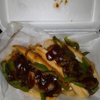 Vegan sausage with green peppers and onion at 1911 Smokehouse BBQ in Trenton